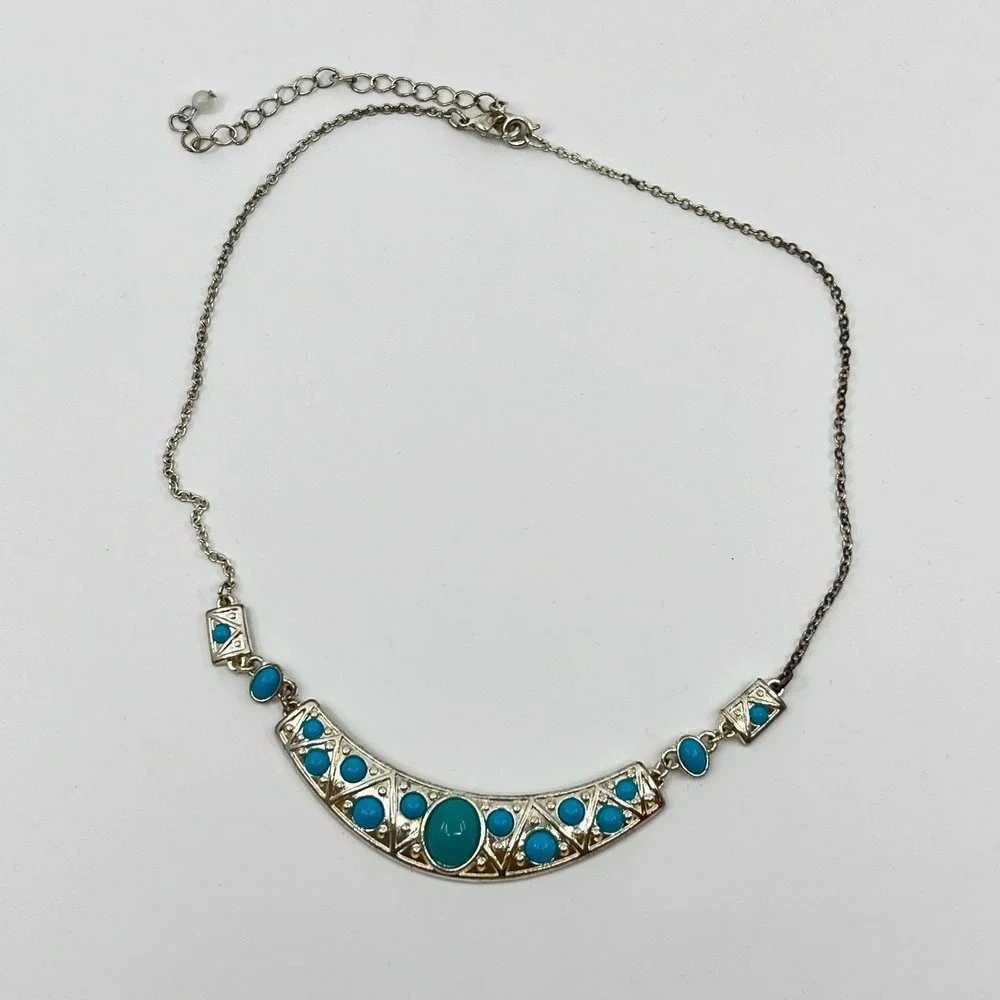 Vintage‎ Silver Tone Turquoise Color Cabochon Statement Bib Necklace Retro Boho